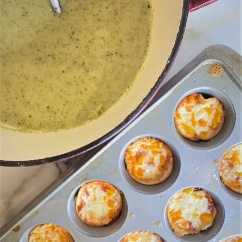 Roasted broccoli cheddar soup and muffin tin pizzas