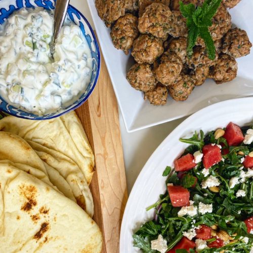Greek turkey meatballs with tzatziki, watermelon arugula salad and Smore’s Rice Krispies squares